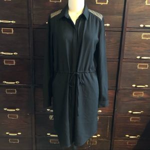 LOFT Black Lace Insert Drawstring Shirt Dress -S